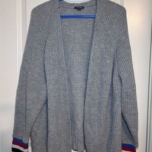 Gray Open-Front Sweater with striped cuffs